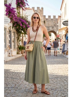 Lela Modest Pamuklu Relaxed Fit Lastikli Bel Tesettür Midi Etek Bayan Etek 668YE4449