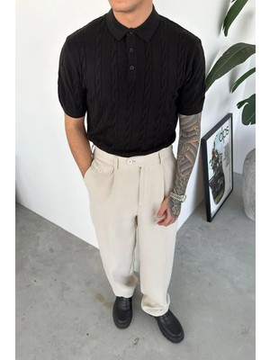 HAFKA Siyah Örgü Desen Relaxed Triko Polo Yaka Tişört