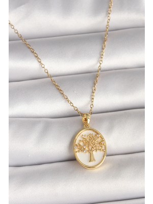 Marsilyan 316L Çelik Gold Renk Zincir Zirkon Taş Detaylı Beyaz Mineli Ağaç Işlemeli Portre Model Kadın