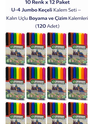 U-4 Jumbo Keçeli Kalem 10 Renk x 12 Paket – Kalın Uçlu Boyama ve Çizim Kalemi Seti (120 Adet)