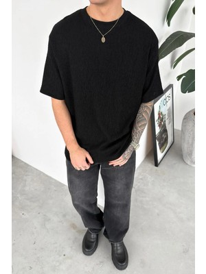 HAFKA Siyah Fitilli Basic Relaxed Tişört