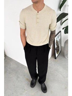 HAFKA Bej Düğmeli Yaka Relaxed Triko Tişört