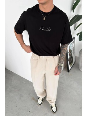 HAFKA Siyah Nakış Detaylı Relaxed Tişört