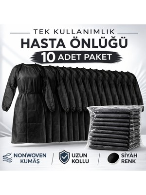 Tek Kullanımlık Hasta Önlüğü 10 Adet Nonwoven Kumaş Uzun Kollu Standart Beden Siyah