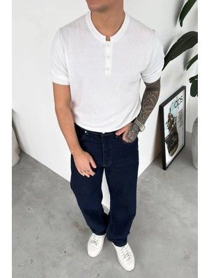 HAFKA Beyaz Düğmeli Yaka Relaxed Triko Tişört