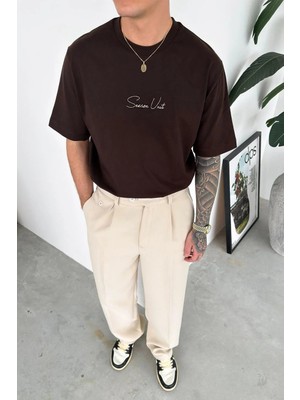 HAFKA Kahverengi Nakış Detaylı Relaxed Tişört