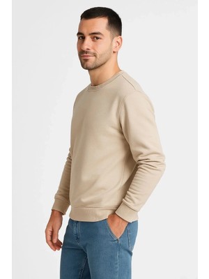 Tarz Yeri Erkek 3 Iplik Pamuklu Düz Bisiklet Yaka Sweatshirt - Bej