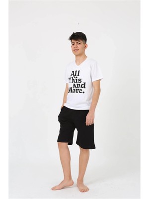 Erkek Genç Garson Boy Kısa Kol Beyaz Penye Şortlu Pijama Takımı