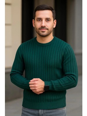 Tarz Yeri Erkek Bisiklet Yaka Triko Kazak Pamuklu Kalın Fitilli Dokuma Regular Fit - Haki