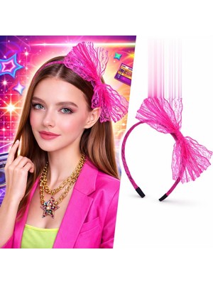 MiraLive 80’ler 90’lar Neon Pembe Dantel Taç Fiyonklu