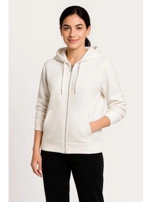 Tarz Yeri Kadın 3 Iplik Kapüşonlu Tam Fermuarlı Kanguru Cepli Sweatshirt Hoodie - Beyaz