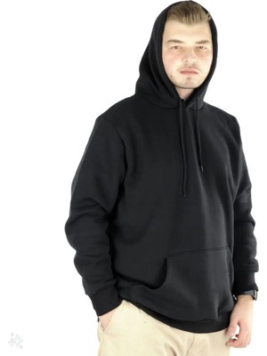 Tarz Yeri Erkek 3 Iplik Pamuklu Kapüşonlu Kanguru Cepli Baskılı Oversize Hoodie Sweatshirt -  Siyah