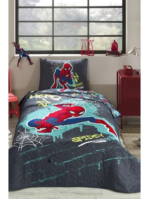 Özdilek Lisanslı Kapitoneli %100 Pamuk Tek Kişilik Çocuk Yatak Örtüsü (160X230)-SPIDERMAN Street Gri