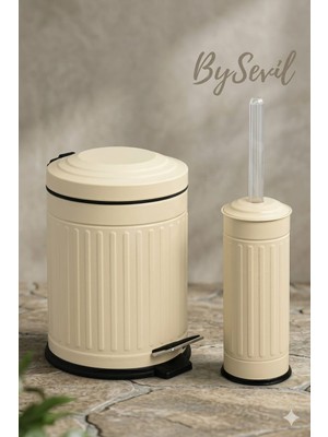 BYSEVİL Bysevil Krem Vintage 2 Li Banyo Seti | Çizgili Model 5 Litre ve Wc Fırçası Seti