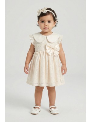 Minipomes Kız Bebek Saç Bantlı Bebe Yaka Elbise Krem