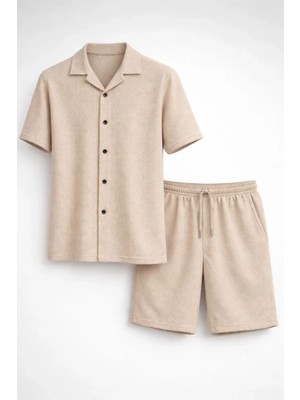 Tarz Yeri Erkek Waffle Kumaş Kısa Kol Gömlek Şort Takım Regular Yazlık Ikili Set - Bej