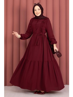 Asm Güpür Şeritli Kuşaklı Tesettür Elbise Bordo