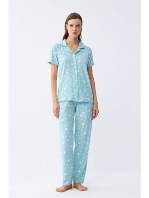 Kadın Buz Mavisi Yıldız Desenli Önden Düğmeli Pijama Takımı