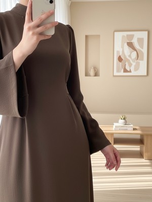 Modamorfo Hakim Yaka Belden Bağlamalı Elbise          -K. Kahve