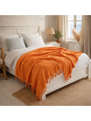 Ces Home Turuncu Kendinden Desenli %100 Pamuk Çift Kişilik Pike/yatak Örtüsü 210*230 cm