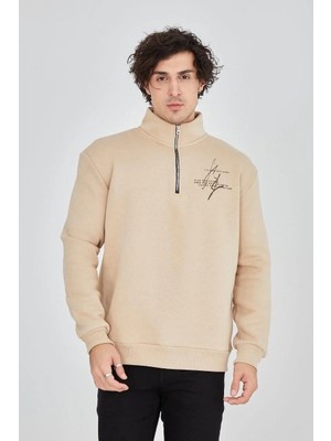 Erkek Yarım Fermuarlı Baskılı 3 Iplik Pamuklu Sweatshirt - Bej