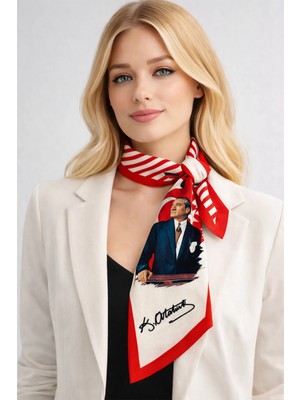 Modex Kırmızı Beyaz Çizgi Detay Kemal Atatürk Fular (80CM)