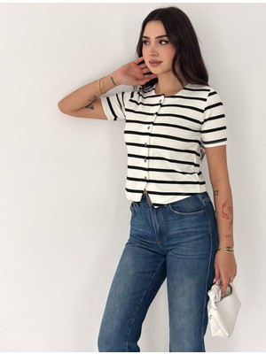 Noa Noa Kadın Kısa Kollu Çizgili Düğmeli Crop Bluz