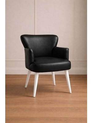 Waterybrook Tekli Berjer Koltuk - Suni Deri - Beyaz Ahşap Ayaklı - Modern Retro Tasarım - Ofis ve Salon Koltuğu