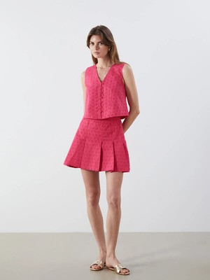 Lc Waikiki Yeni Sezon Beli Fermuarlı Ajurlu Pileli Mini Etek