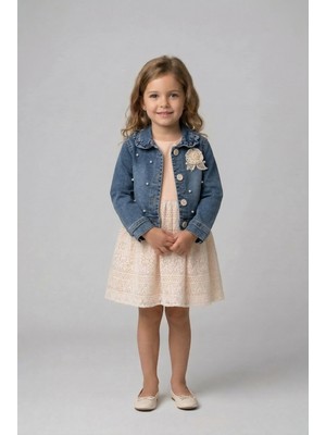 Minipomes Kız Çocuk Incili Kot Ceket ve Elbise Takım Bej