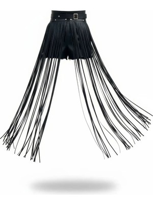 Marsilyan Siyah Etek Suni Deri Etek Uzun Püsküllü Yüksek Bel Etek - BRF1003