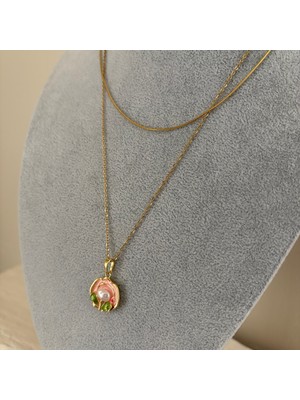 Marem Çiçek Detaylı Altın Renkli Çift Kolye