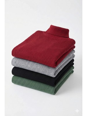 Erkek Kaşkorse Boğazlı Likralı Fitilli Slim Fit Body 4'lü Set Siyah-Bordo-Gri-Haki