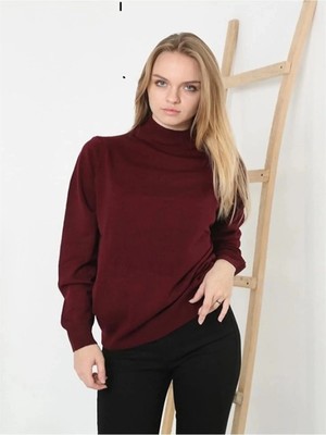 MiraLive Kadın Yarım Balıkçı Yaka Triko Kazak - Bordo