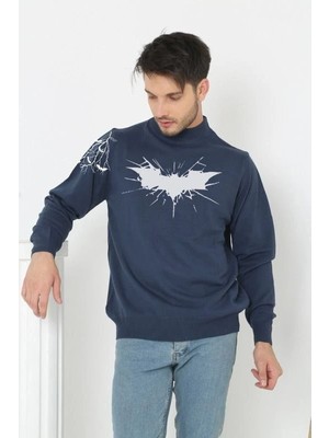 MiraLive Yarım Boğazlı Baskılı Dokuma Triko -Indigo