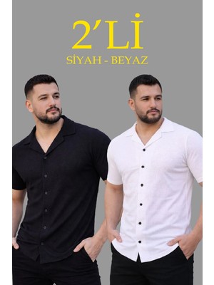 Erkek Waffle Kumaş Açık Yakalı Düğmeli Regular Fit Gömlek 2’li Set Siyah-Beyaz