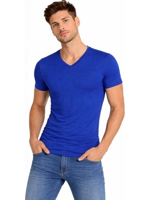Erkek Body T-Shirt V Yaka Slim Fit Likralı Kısa Kol Tişört - Saks Mavisi