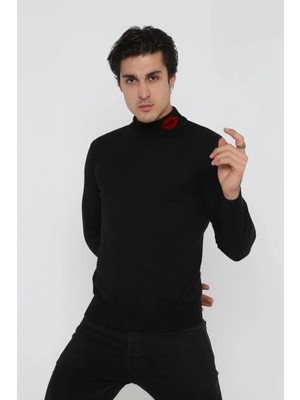 MiraLive Yarım Boğazlı Baskılı Dokuma Triko - Siyah
