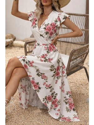 MiraLive Miray- Kadın Kısa Kollu Kruvaze Yakalı Önü Asimetrik Detaylı Uzun Çiçek Desenli Süprem Elbise