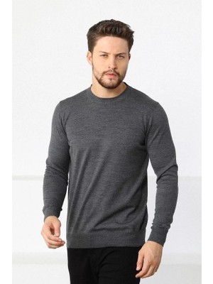 MiraLive Erkek Bisiklet Yaka Kazak Uzun Kol Dokuma Triko - Füme