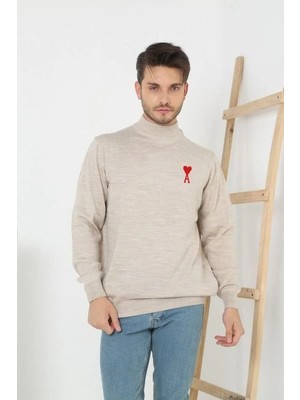 MiraLive Erkek Yarım Bağazlı Kazak Baskılı Dokuma Triko - Bej