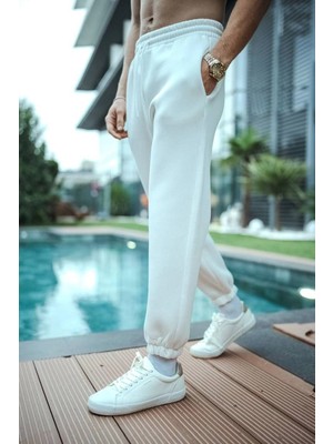 MiraLive Erkek 3 Iplik Pamuklu Paçası Lastikli Cepli Eşofman Pantolon - Beyaz