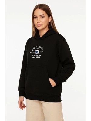 MiraLive Kapşonlu Sweatshirtoversize Fit, Ön  Arka Baskılı, Siyah