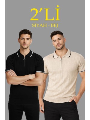 Erkek Triko Tişört Fermuarlı Polo Yakal Yazlık Kısa Kol T-Shirt 2’li Set Bej-Siyah