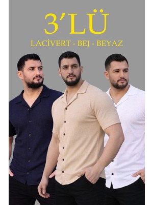 Erkek Waffle Kumaş Yakalı Kısa Kol Düğmeli Gömlek 3’lü Set Bej-Beyaz-Lacivert