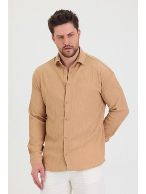 Tarz Cool Erkek Kendinden Çizgi Detaylı Slim Fit Dar Kalıp Uzun Kol Gömlek