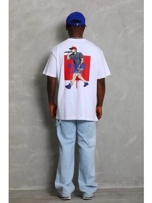 MiraLive Oversize Baskılı Bisiklet Yaka T-Shirt - Beyaz