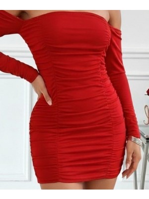 Zenvia Kadın Uzun Kollu Omuzlardan Açık Takma Kollu Büzgülü Sandy Kısa Elbise