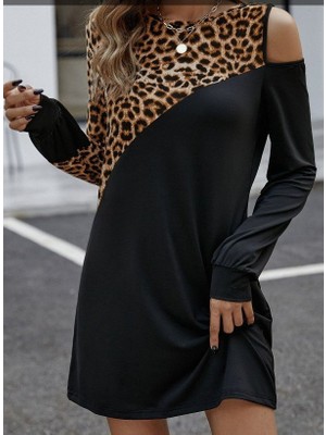 Zenvia Kadın Uzun Kollu Omuzdan Açık Leopar Desenli Viskon Iki Iplik Mini Elbise