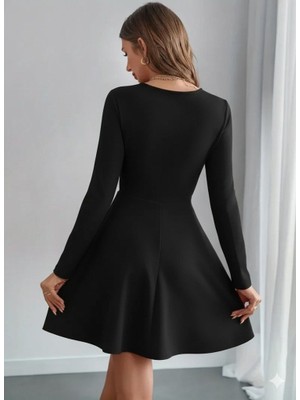 Zenvia Kadın Uzun Kollu Inci Yakalı Kısa Ithal Krep Elbise